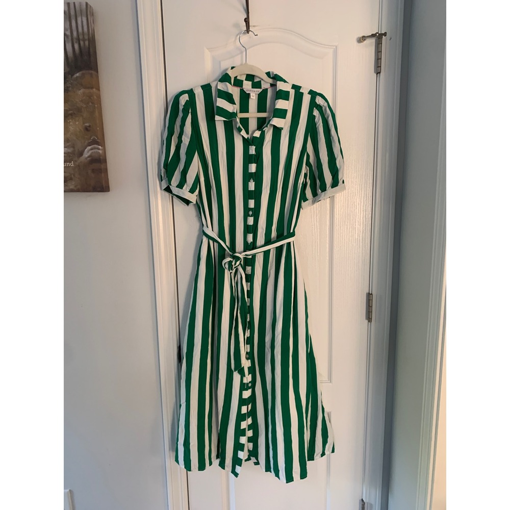 Crown & Ivy Green White Striped Midi Shirt Dress Puff Sleeve Belted Pockets L